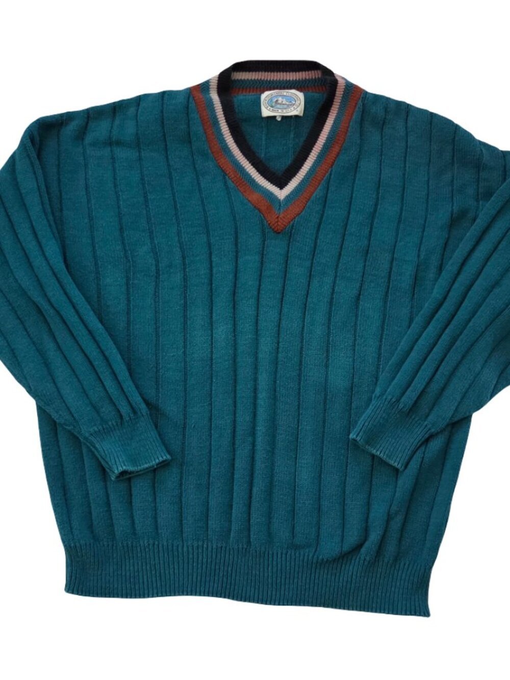Vintage 90s Environmental Clothing Sweater Mens Teal V Neck Preppy Grandpa USA